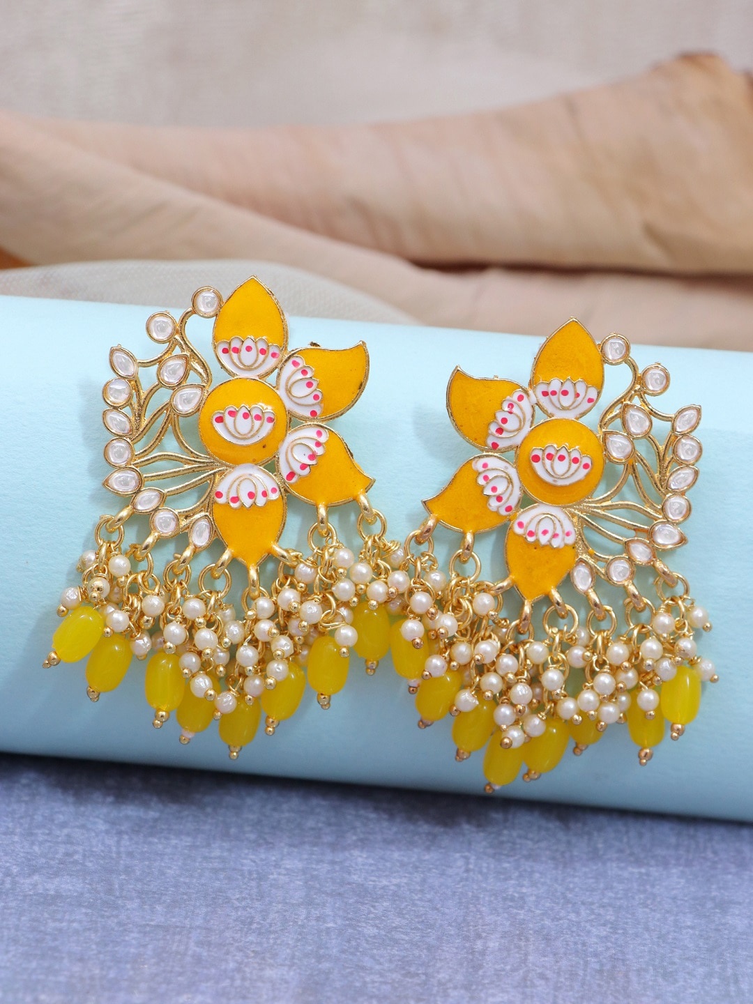 

Crunchy Fashion Yellow Contemporary Kundan Studded Gold-plated Drop Earrings