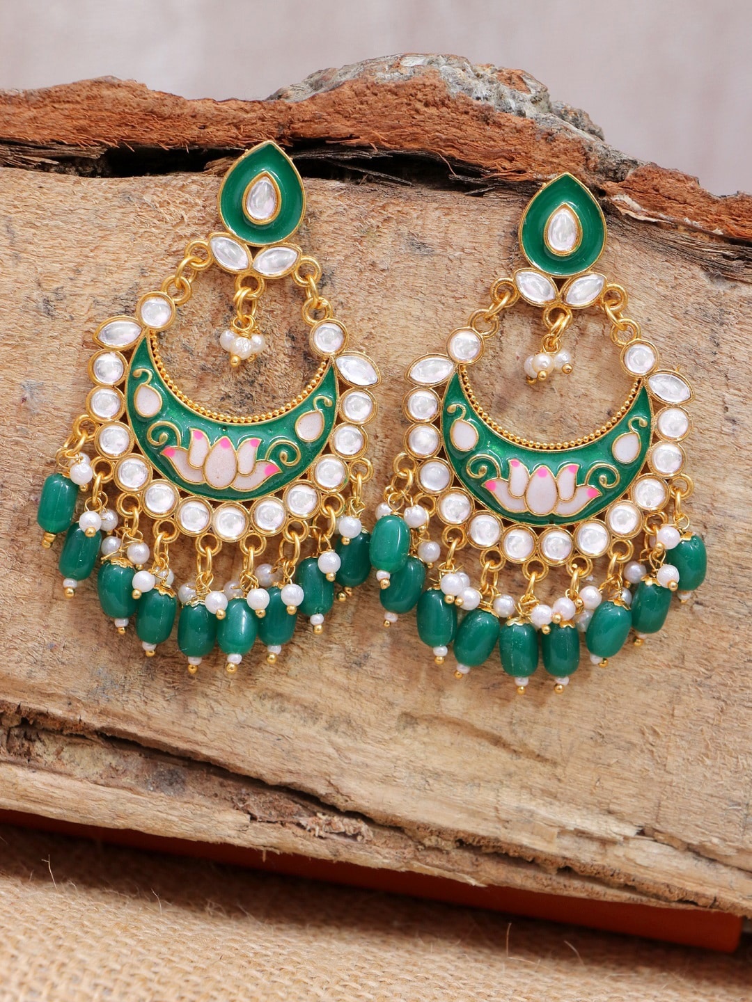 

Crunchy Fashion Green Gold-Plated Meenakari Chandbalis Earrings
