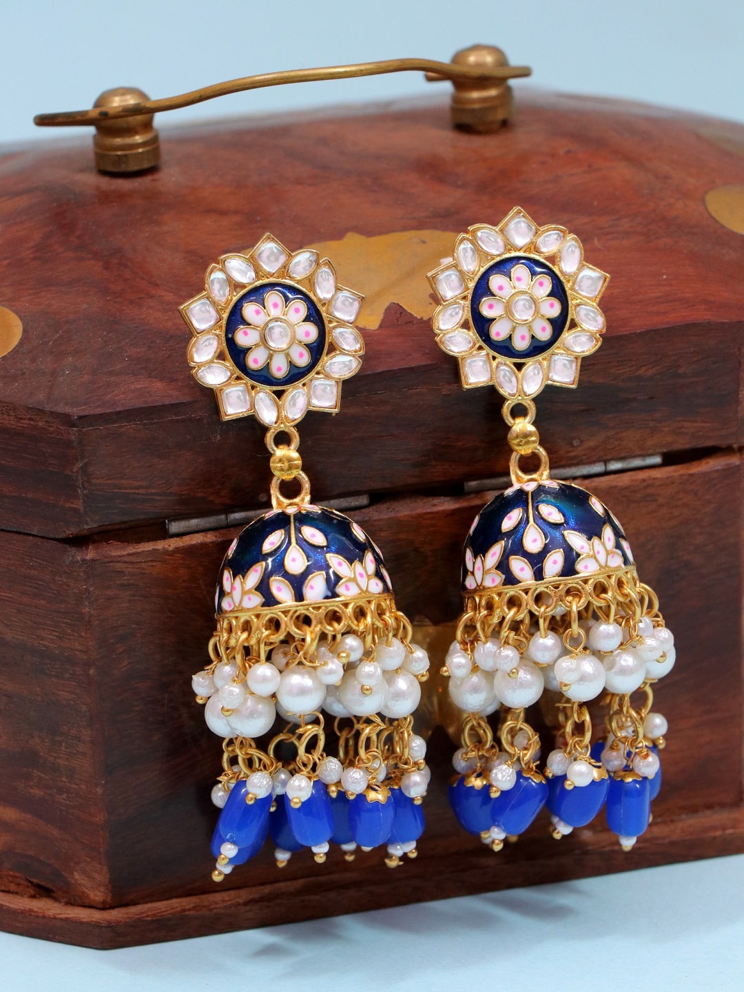 

Crunchy Fashion Blue & White Gold Plated Meenakari Jhumkas Earrings
