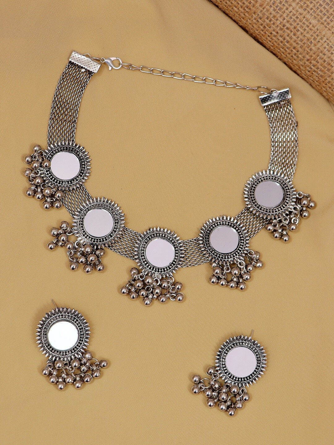 

Crunchy Fashion Oxidised Silver-Plated Mirror-Studded Designer Jewellery Set