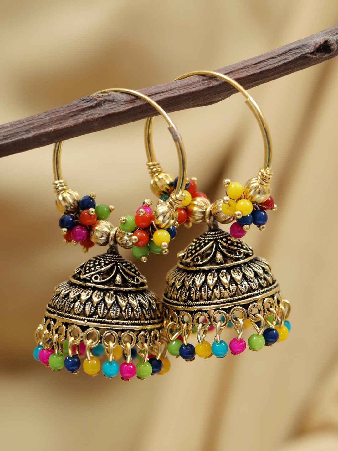 

Crunchy Fashion Multicoloured Contemporary Gold-plated Jhumkas Earrings, Multi