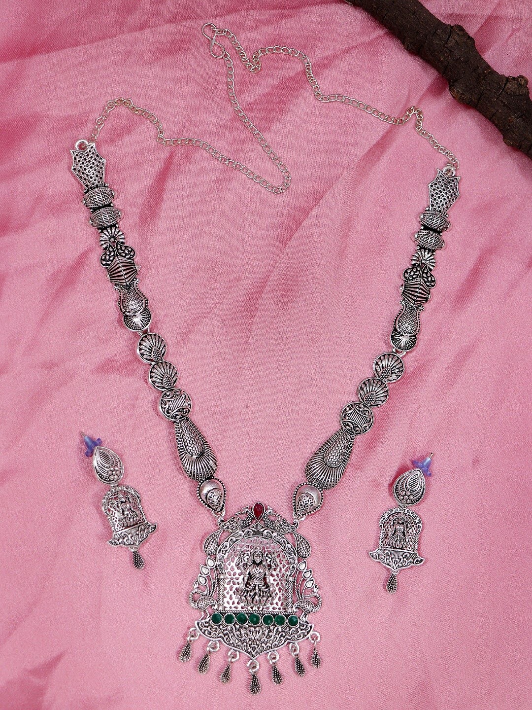 

Crunchy Fashion Silver-Plated Green & Red Stone-Studded Temple Jewellery Set