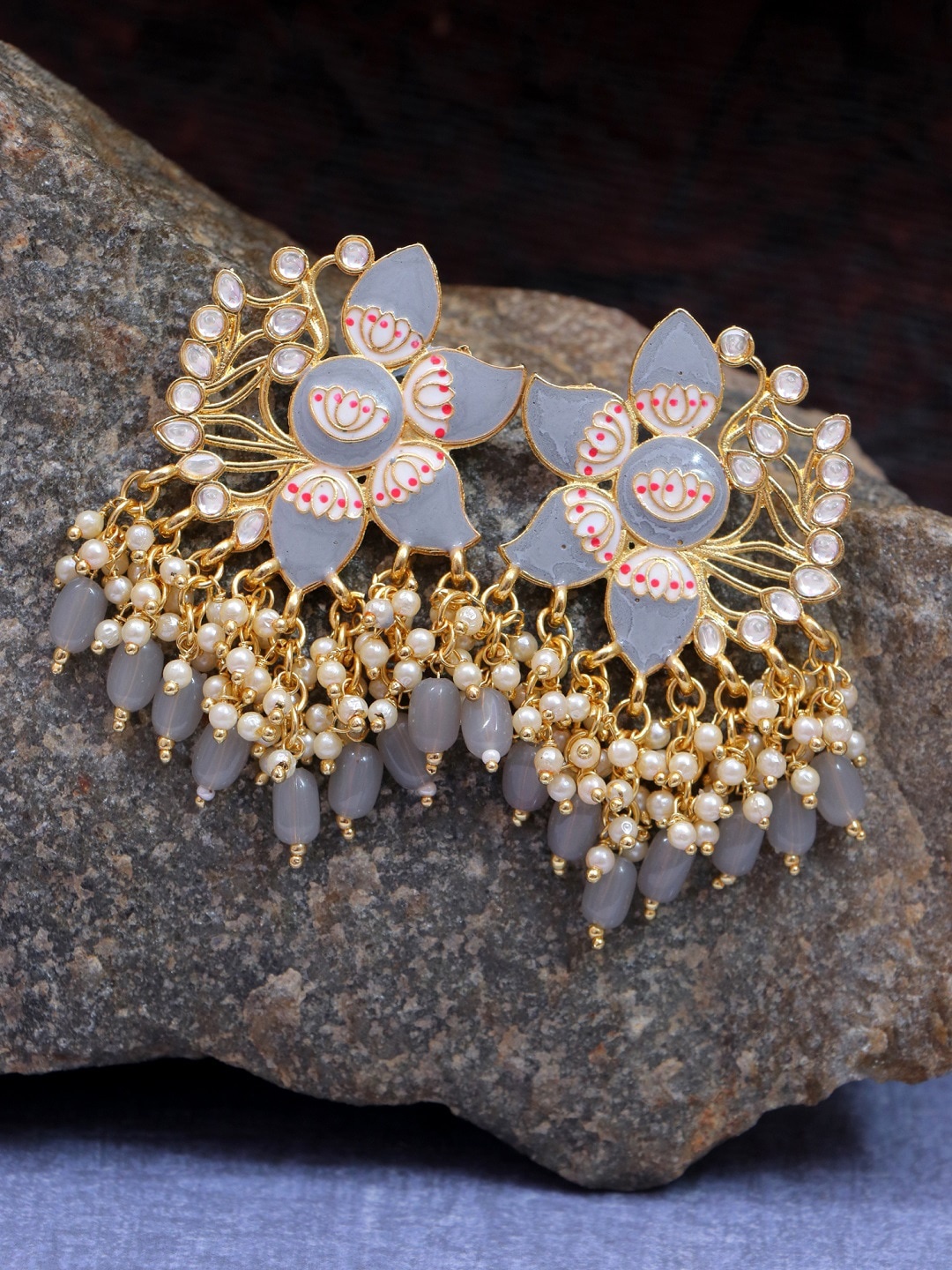 

Crunchy Fashion Grey Gold-Plated Contemporary Kundan & Meenakari Drop Earrings