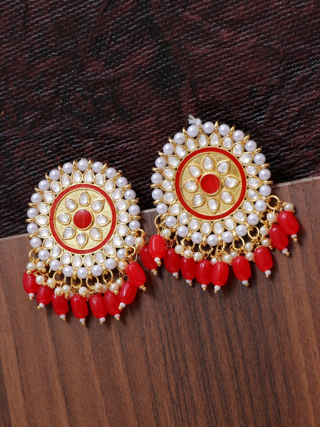 

Crunchy Fashion Red & Gold-Toned & Plated Kundan & Pearl Studded Studs Earrings