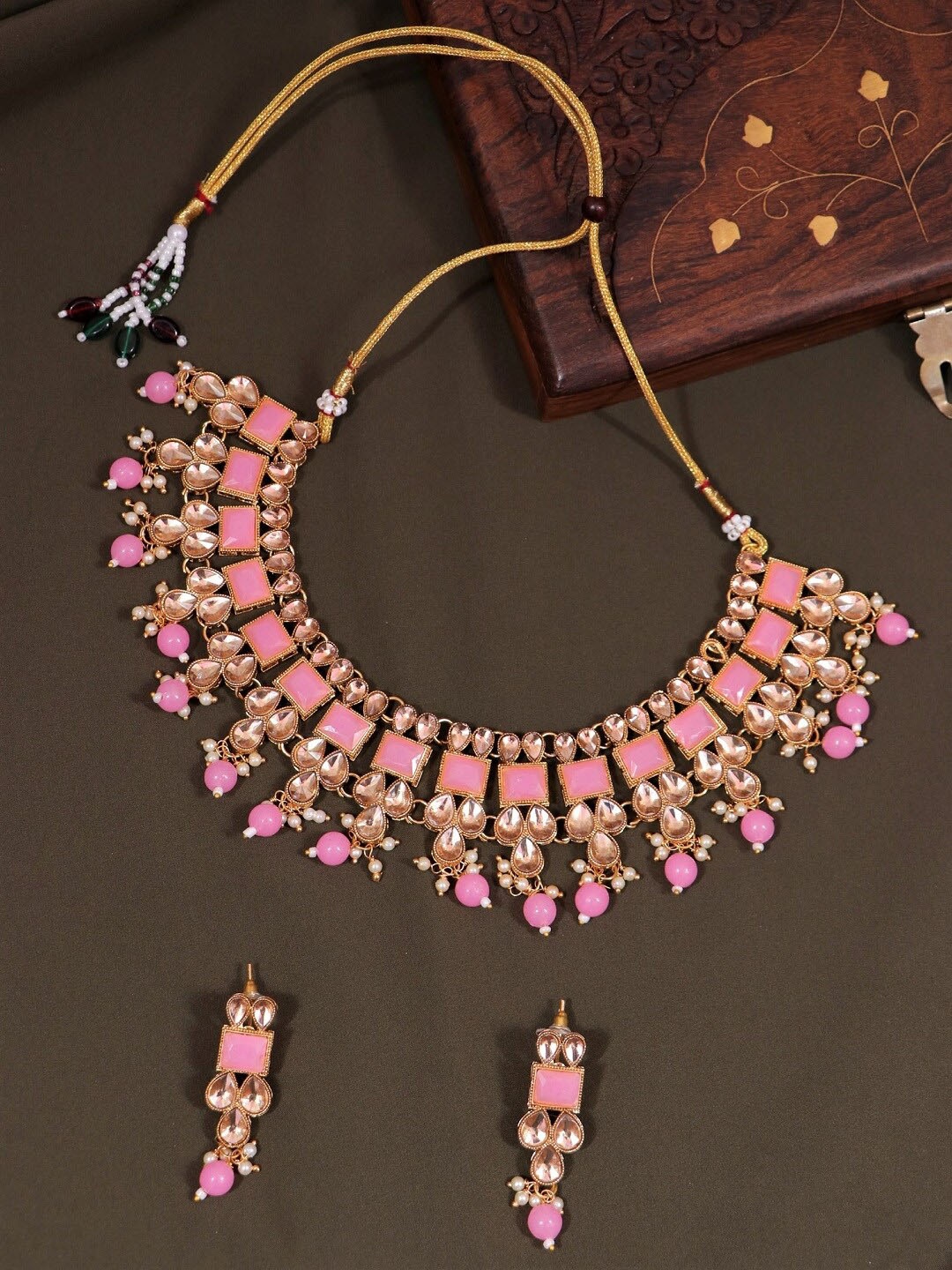 

Crunchy Fashion Gold-Plated Pink Stone Studded & Beaded Enamelled Jewellery Set