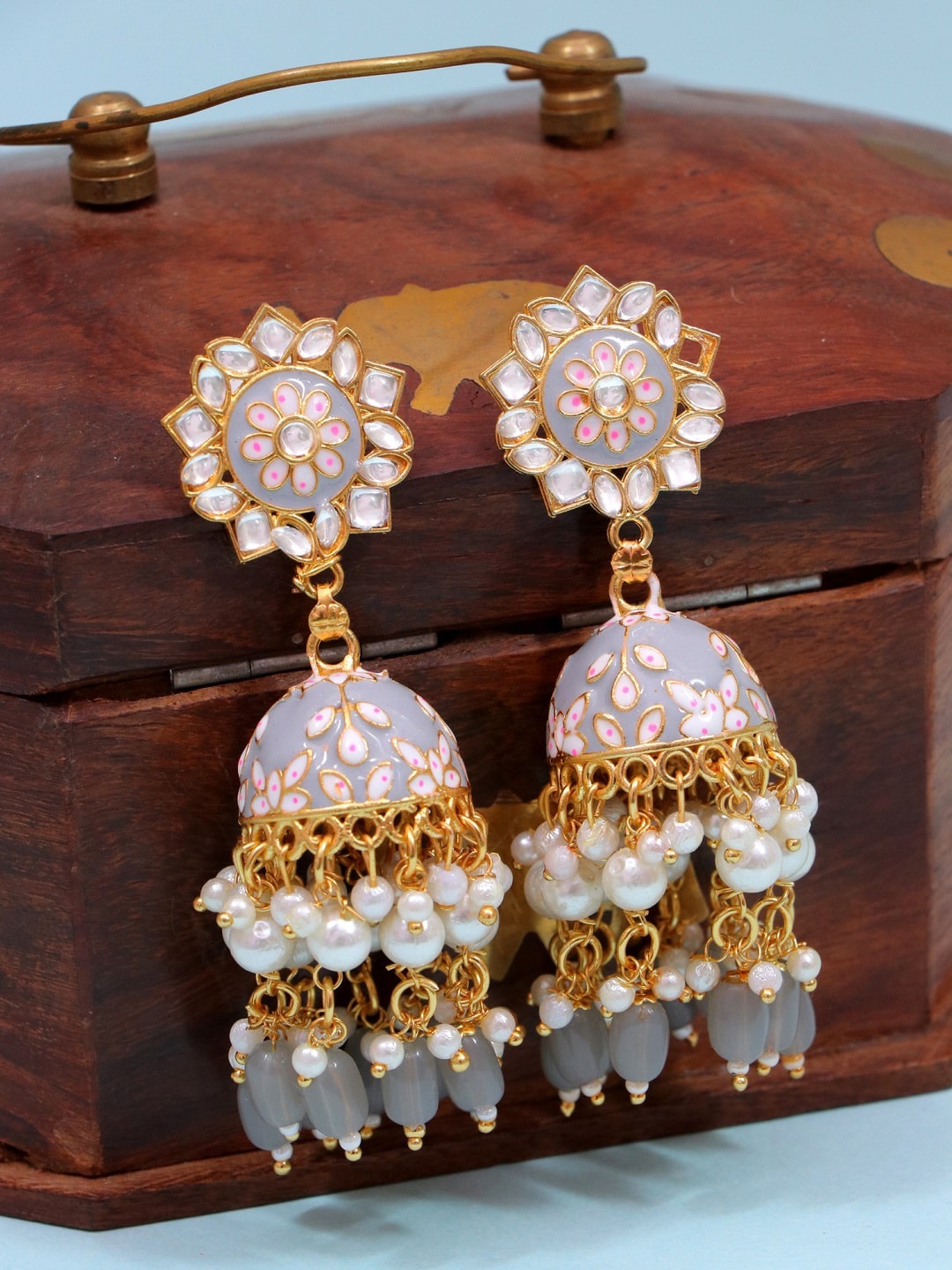

Crunchy Fashion Gold-Plated Grey Contemporary Jhumkas Earrings