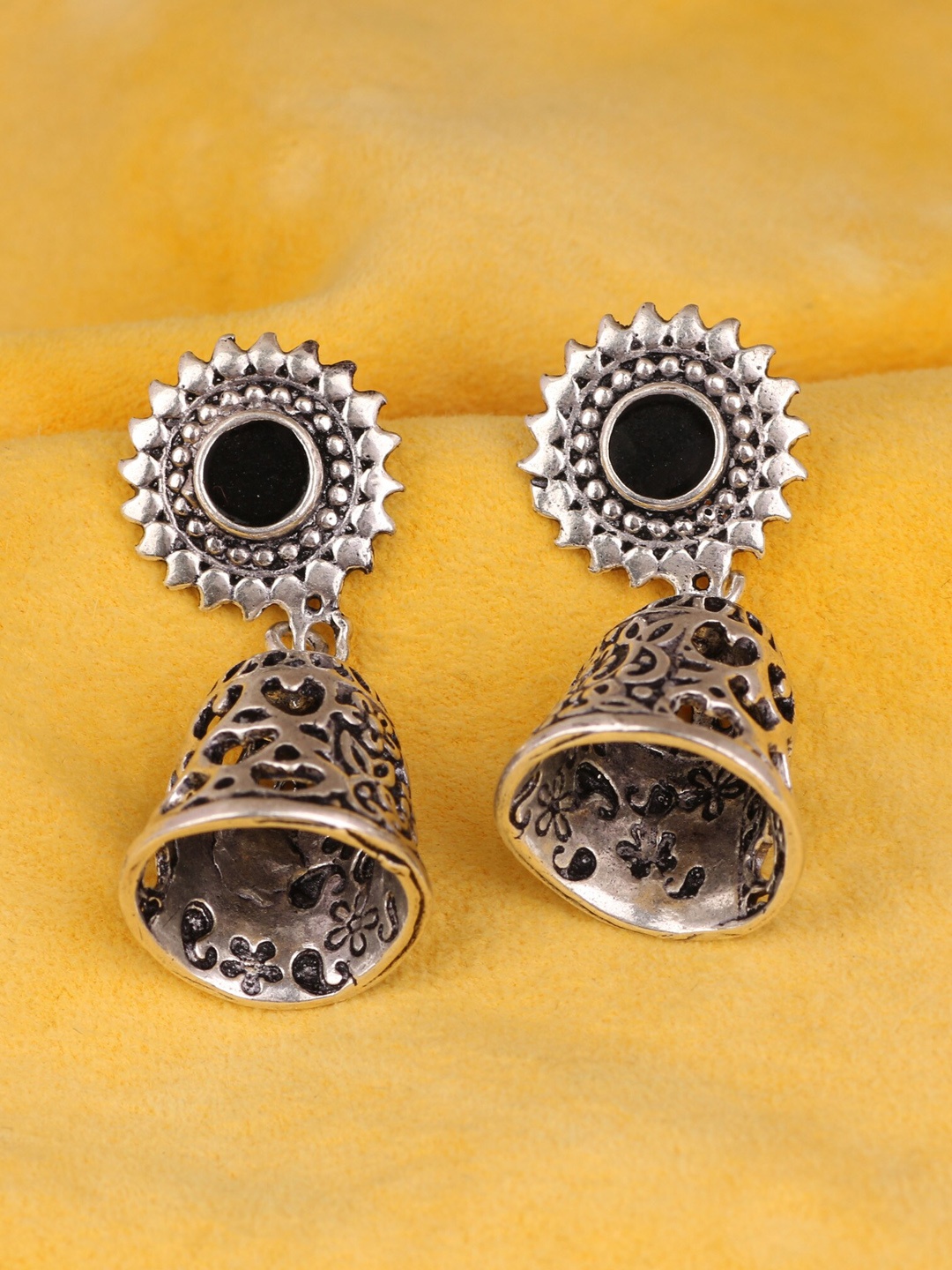 

Silgo Silver-Toned & Plated Contemporary Oxidised Jhumkas Earrings