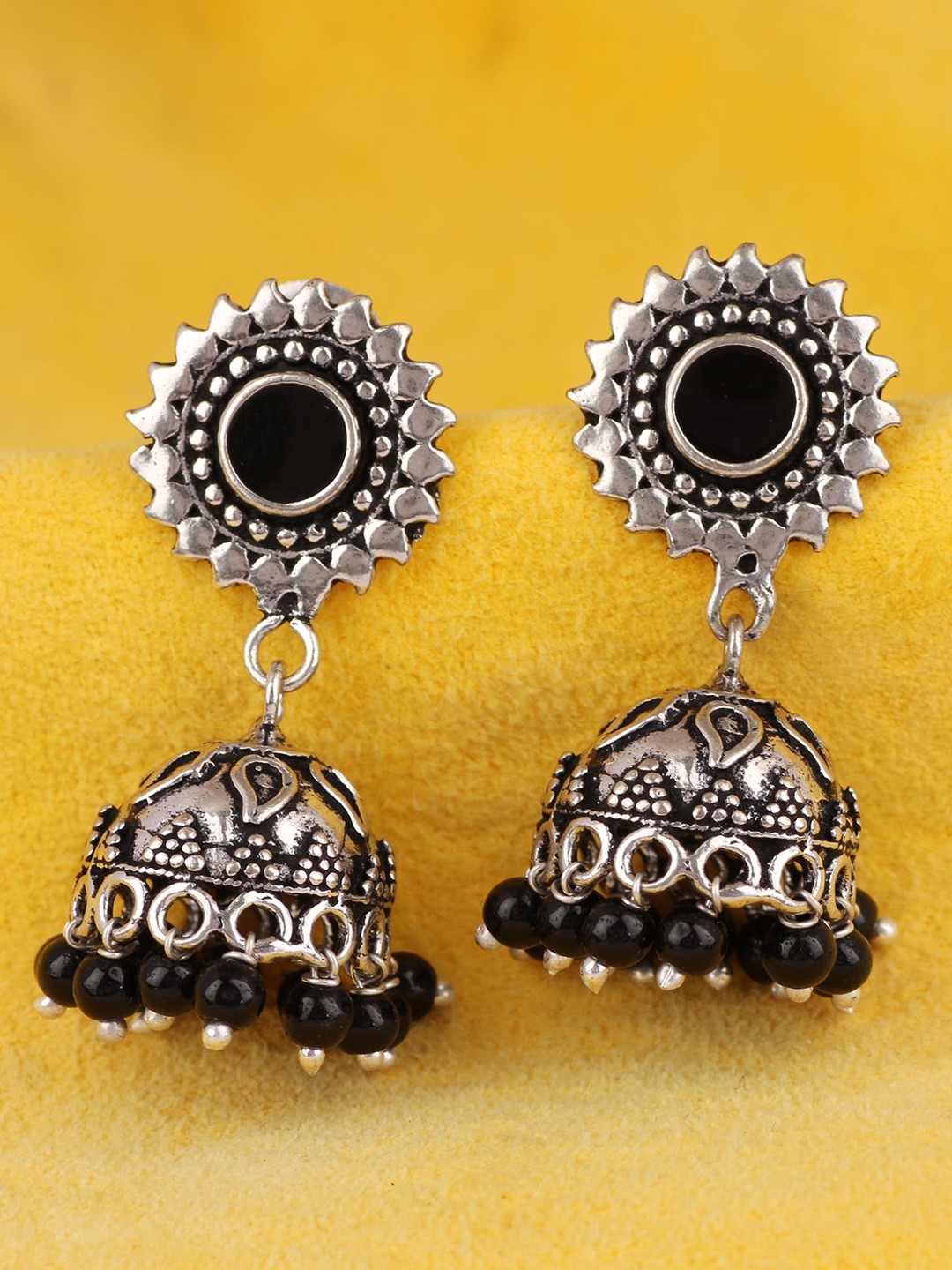 

Silgo Silver-Plated & Black Onyx Dome Shaped Jhumkas Earrings