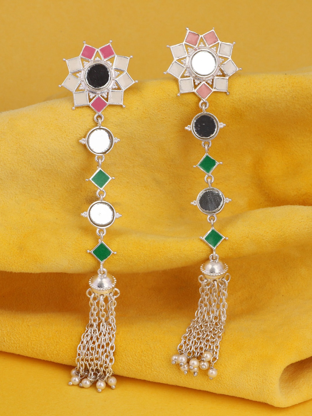 

Silgo Silver-Toned & Plated Contemporary Oxidised Drop Earrings