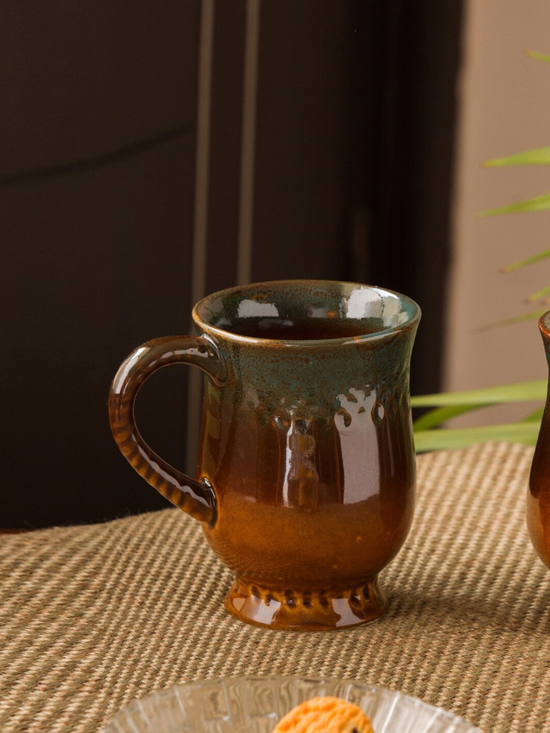 

ExclusiveLane Green Brown Handcrafted Printed Ceramic Coffee Mugs (350 ML)