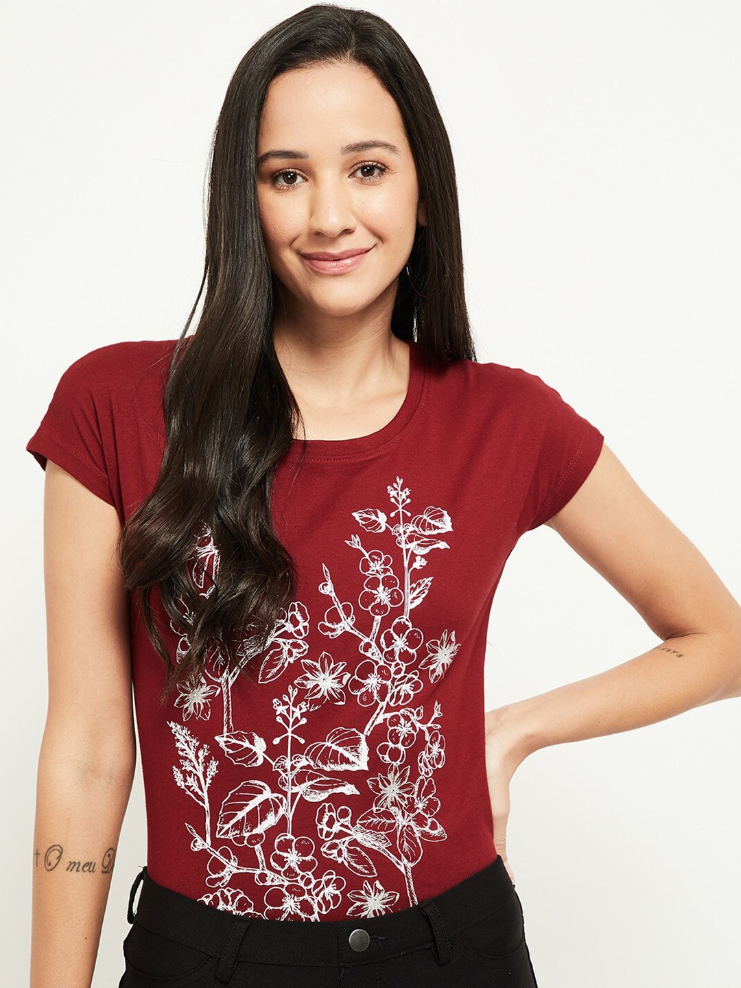 

max Women Maroon Floral Printed T-shirt