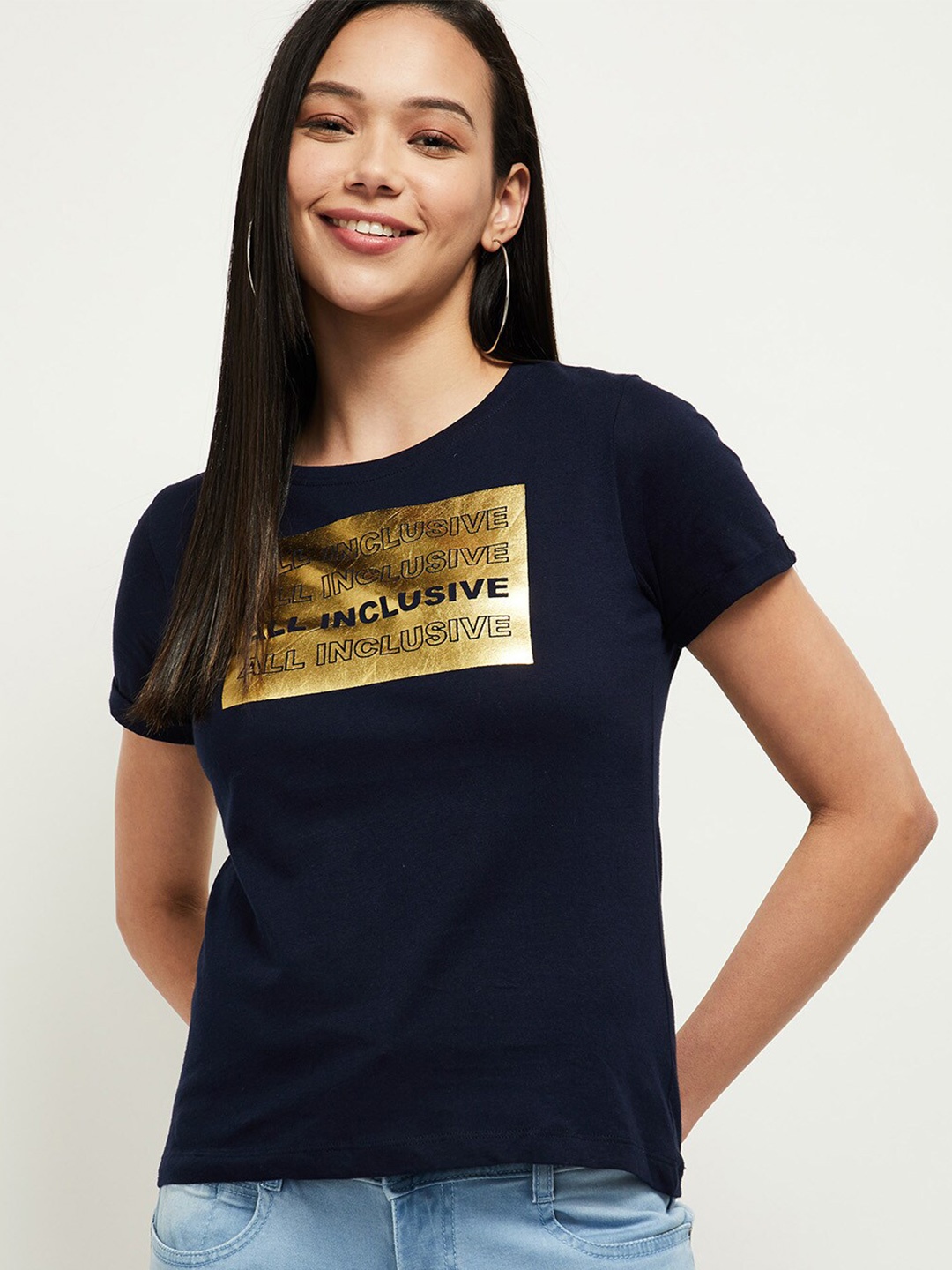 max Women Navy Blue Typography Printed T-shirt