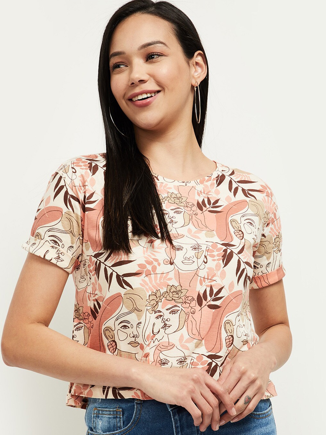 

max Women Cream Floral & Abstract Printed Cotton Crop Top