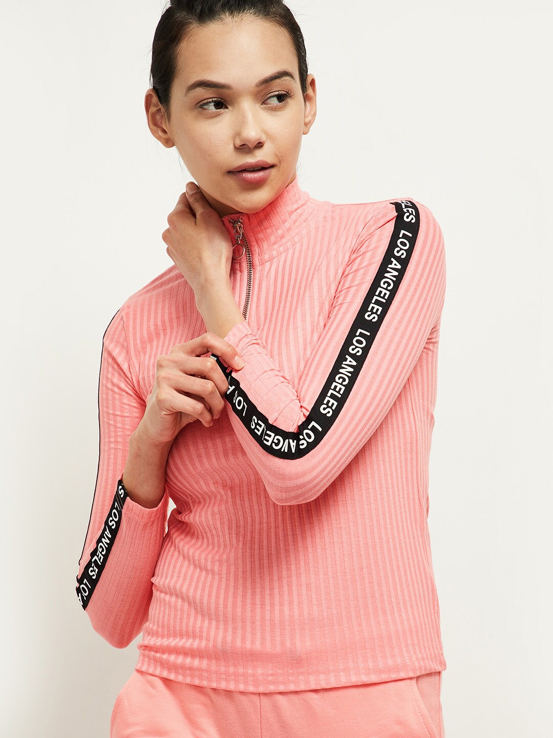 

max Women Pink Striped Turtle Neck T-shirt