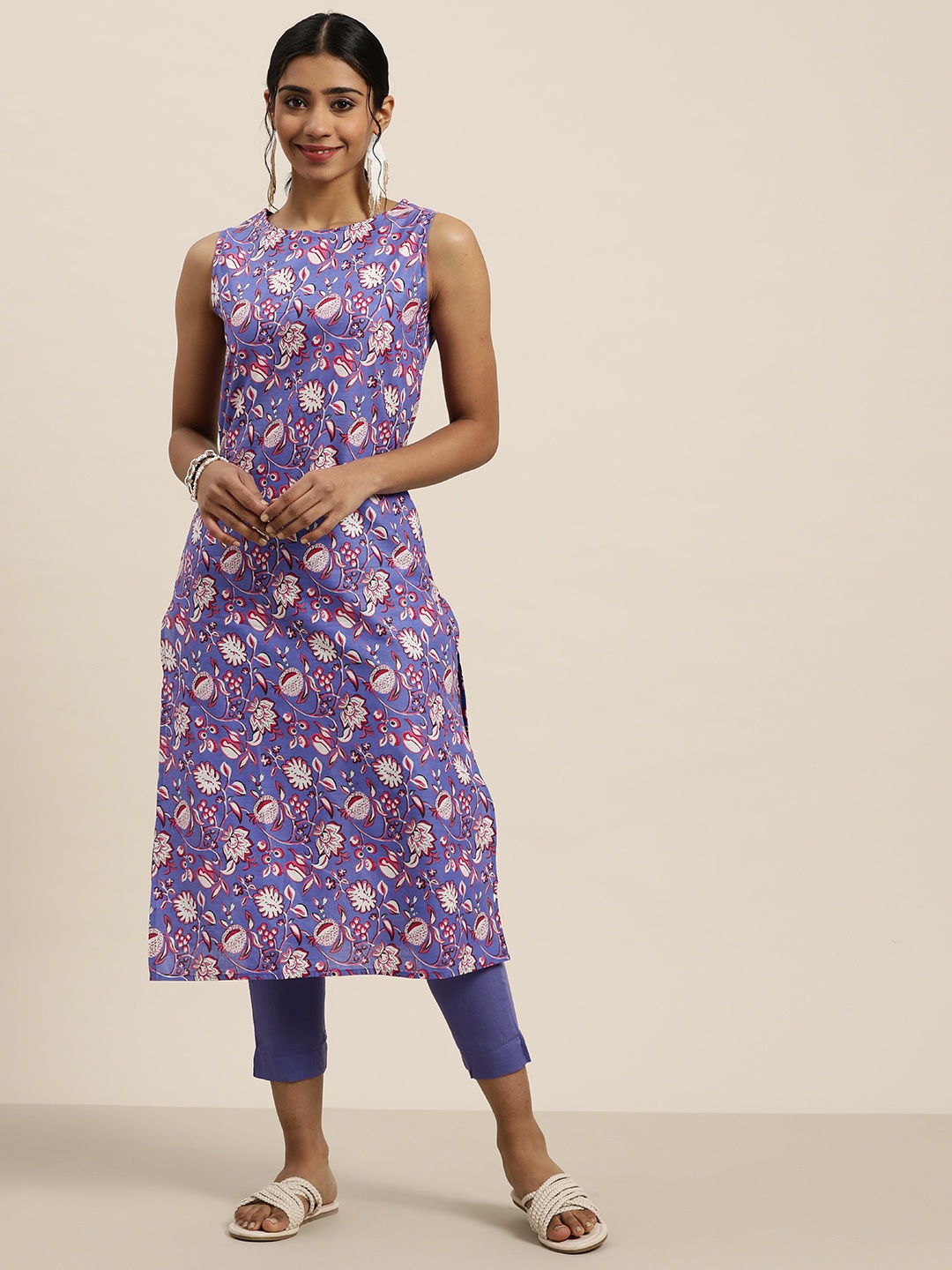 

Sangria Women Violet Ethnic Motifs Printed Pure Cotton Kurta with Trousers