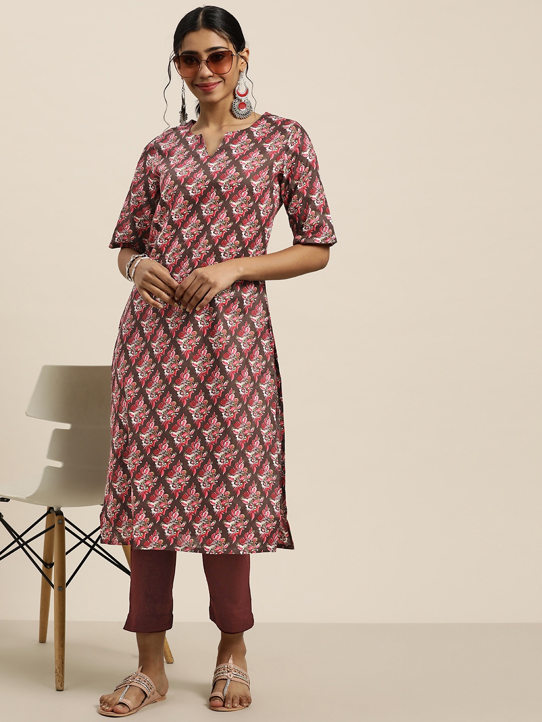 

Sangria Women Brown Ethnic Motifs Printed Pure Cotton Kurta with Trousers