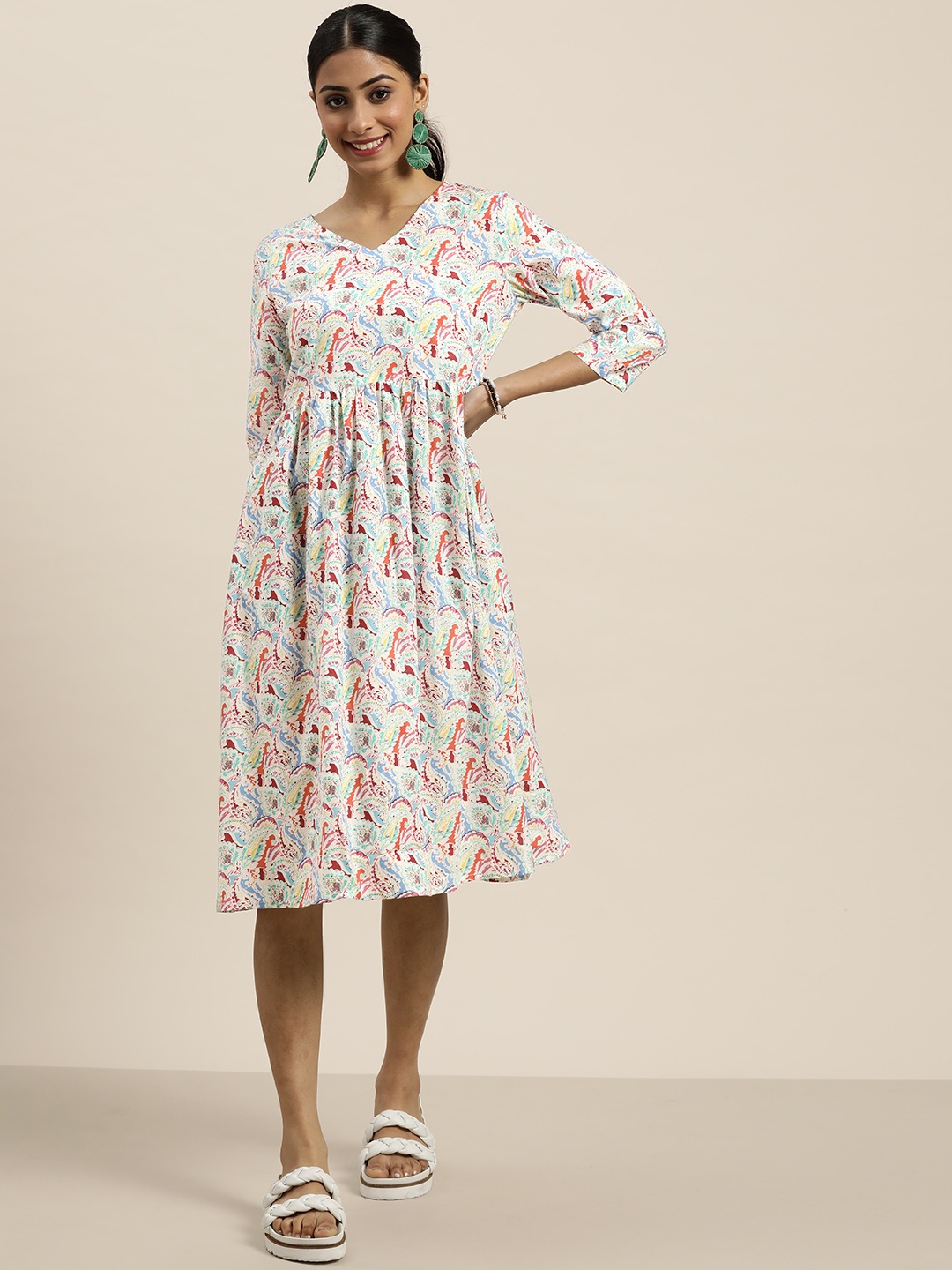 

Sangria Women White & Blue Pure Cotton Ethnic Motifs Printed A-Line Midi Dress