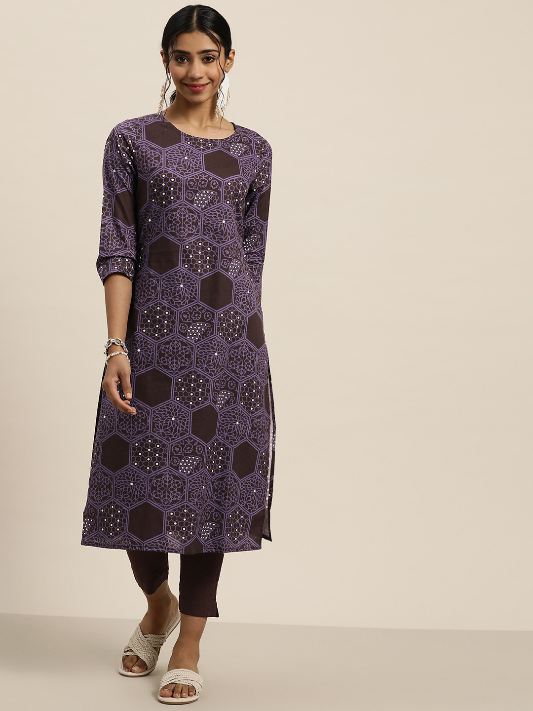 

Sangria Women Brown Ethnic Motifs Printed Pure Cotton Kurta with Trousers