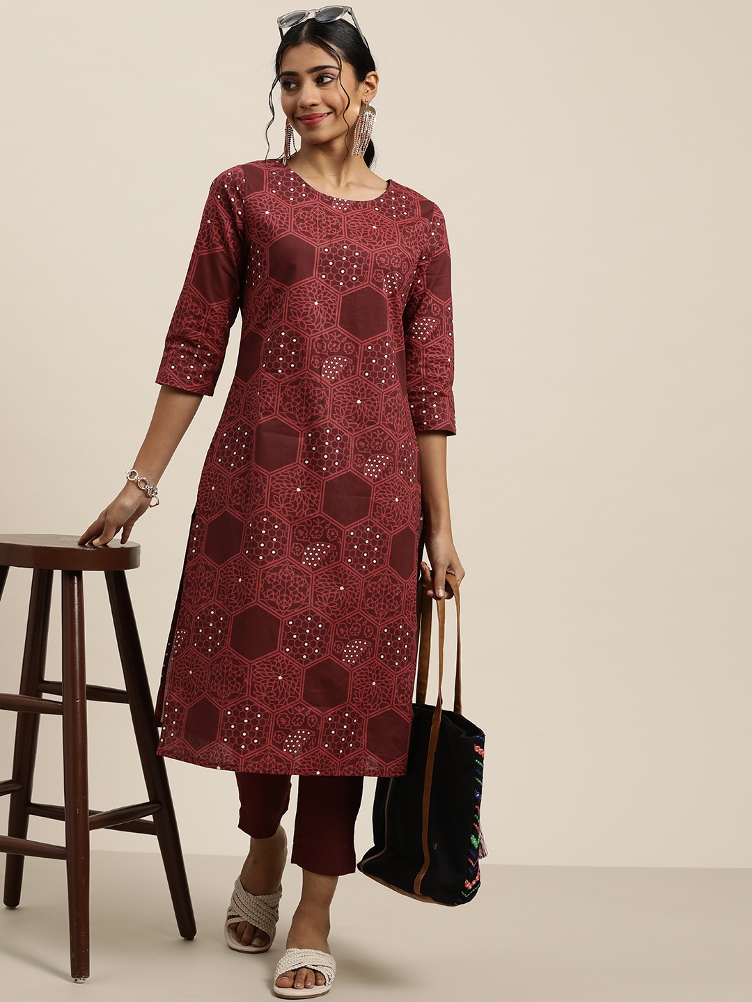 

Sangria Women Maroon Ethnic Motifs Printed Pure Cotton Kurta