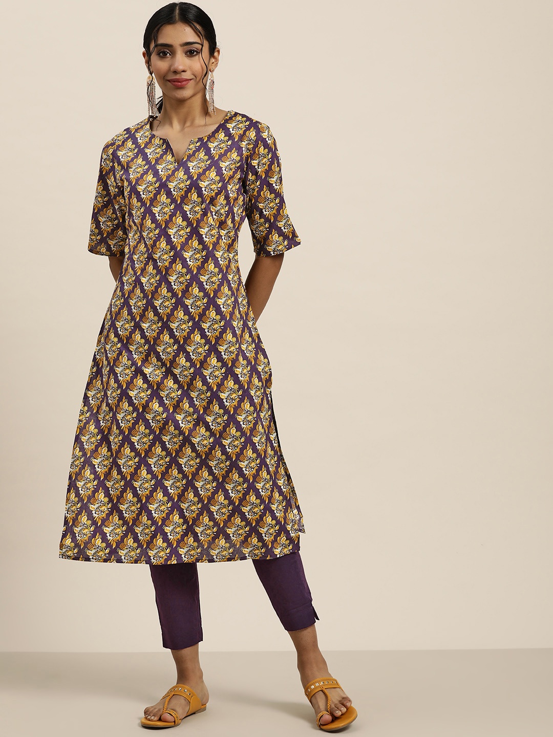 

Sangria Women Purple Ethnic Motifs Printed Pure Cotton Kurta with Trousers