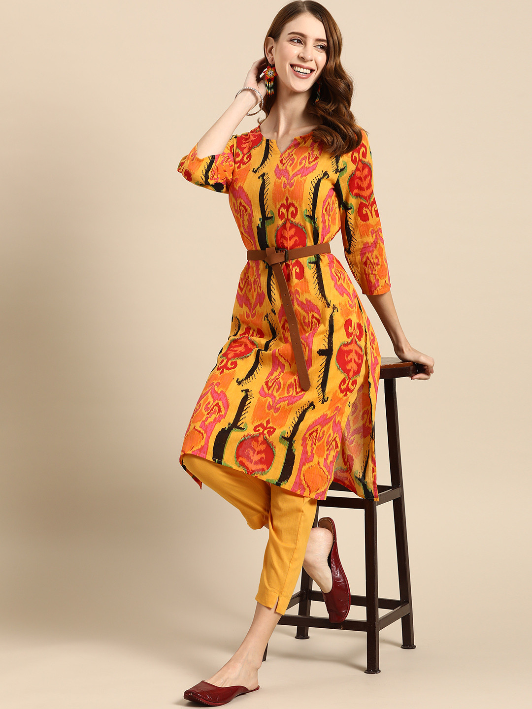 

Sangria Women Mustard Yellow Ethnic Motifs Printed Pure Cotton Kurta with Trousers