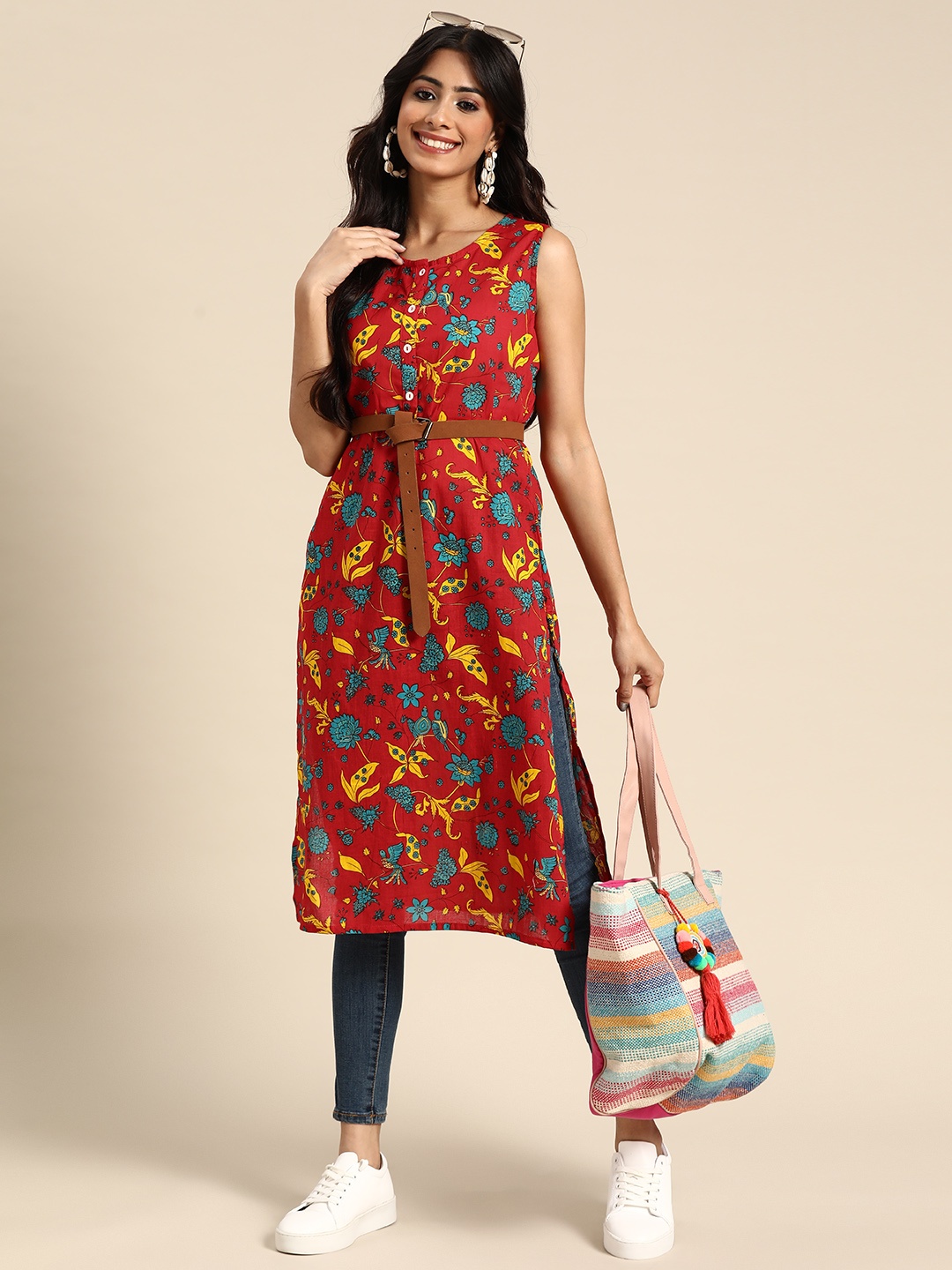 

Sangria Women Red & Teal Blue Ethnic Motifs Pure Cotton Printed Kurta