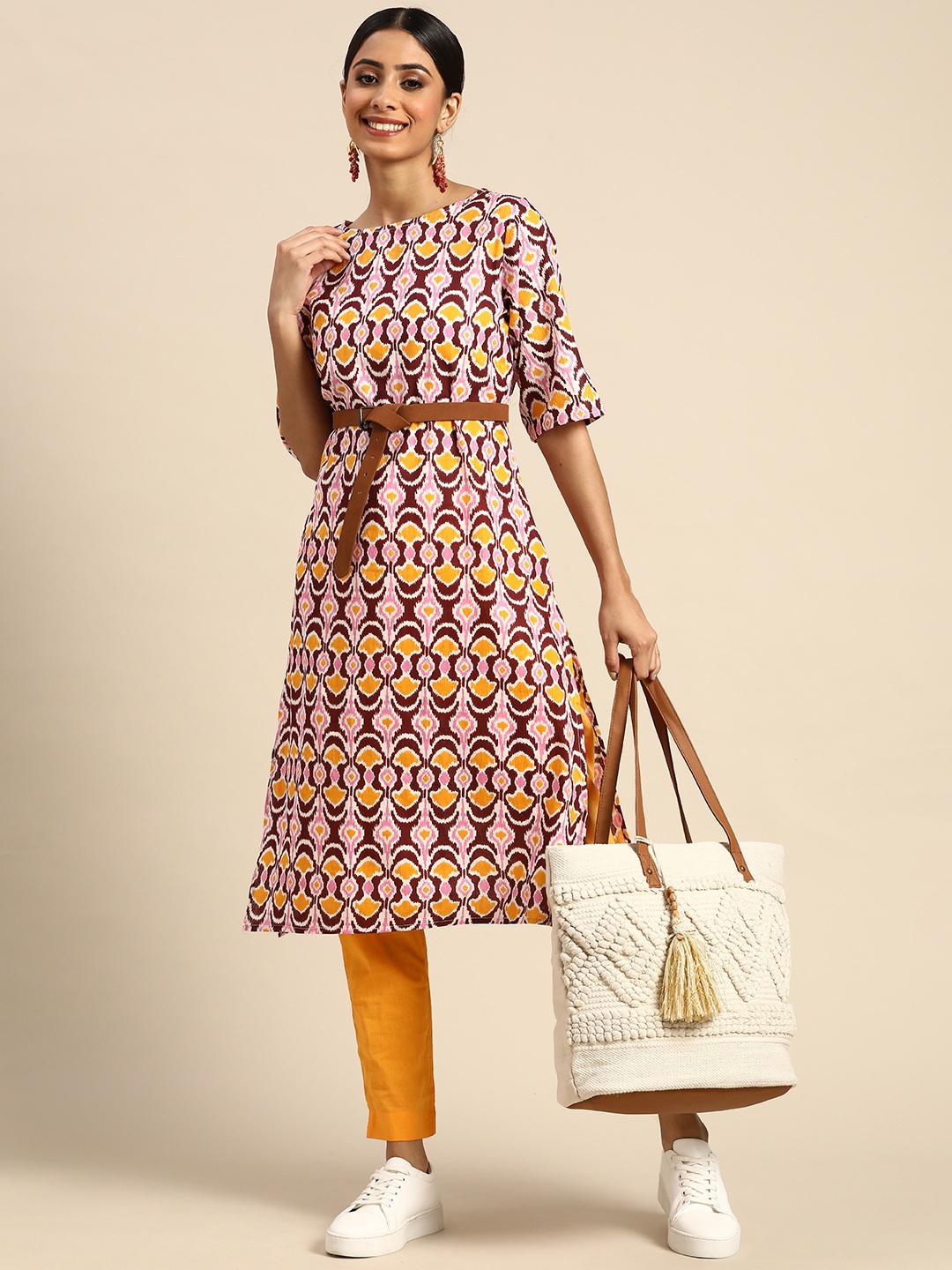 

Sangria Women Burgundy & Mustard Yellow Ethnic Motifs Printed Cotton Kurta with Trousers