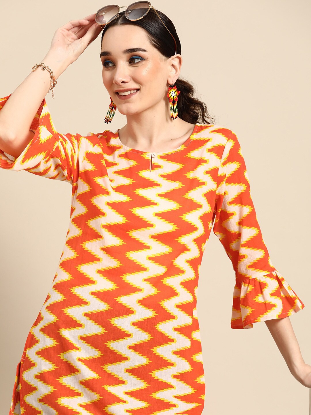 

Sangria Women Orange & Off White Printed Pure Cotton Keyhole Neck Kurta