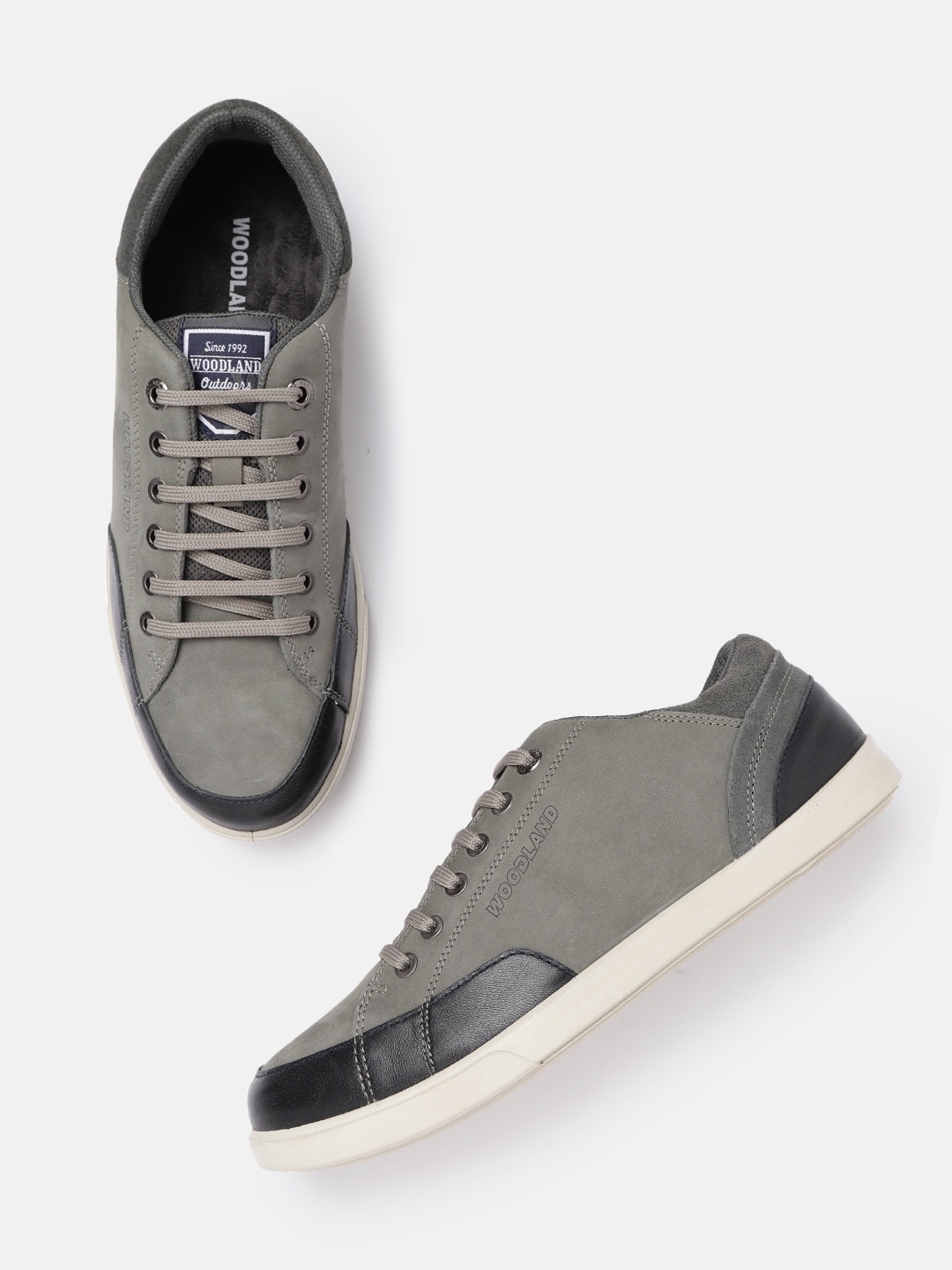 

Woodland Men Grey & Black Leather Solid Sneakers