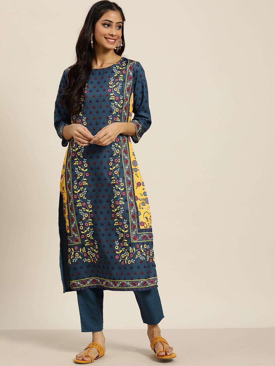 

Sangria Women Navy Blue & Yellow Ethnic Motifs Printed Kurta with Solid Trousers