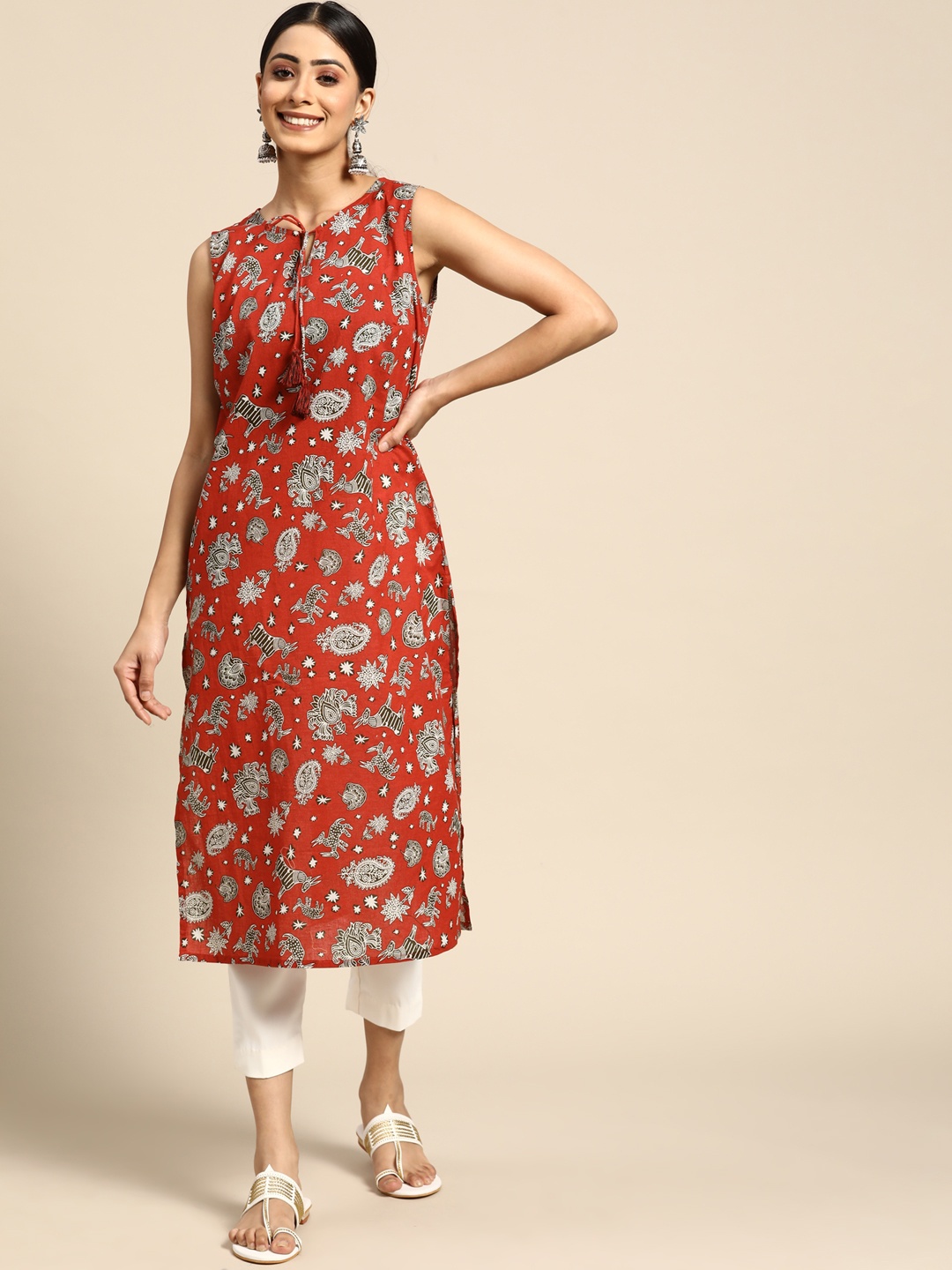

Sangria Women Rust Red & Black Pure Cotton Ethnic Motifs Printed Kurta