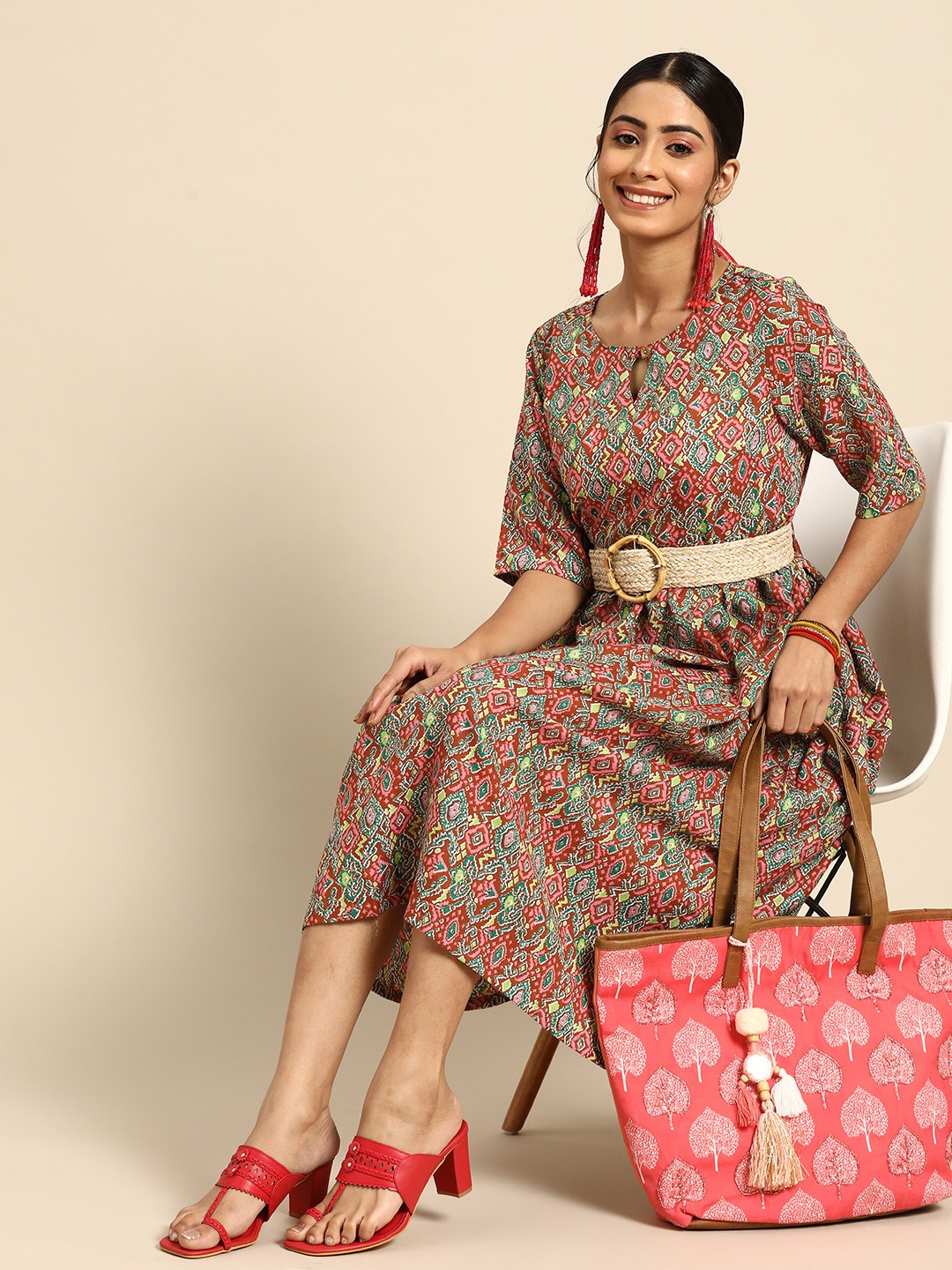 

Sangria Women Rust Red & Green Printed A-Line Ethnic Dress