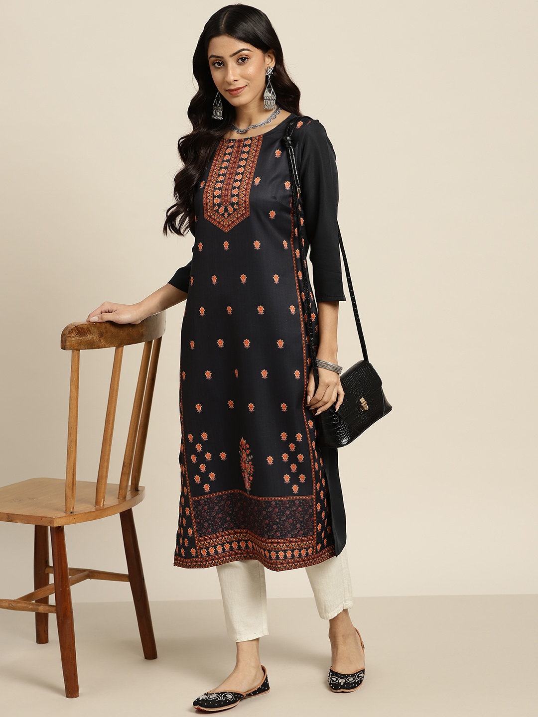 

Sangria Women Black & Orange Ethnic Motifs Print Straight Kurta