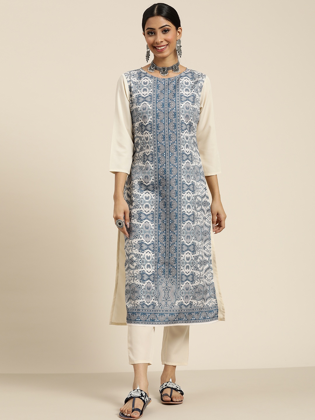 

Sangria Women Off-White & Blue Ethnic Printed Straight Kurta with Trousers