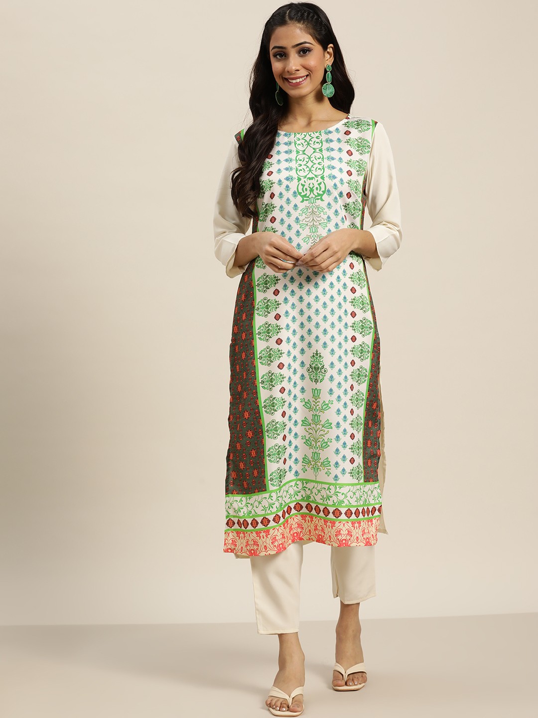 

Sangria Women White & Green Ethnic Motifs Printed Kurta