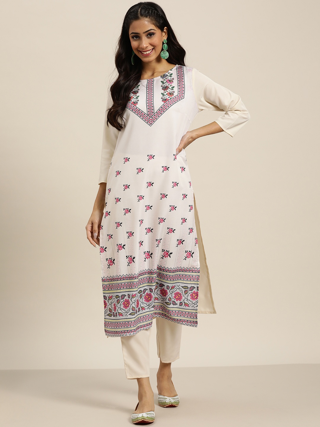 

Sangria Women Off-White & Pink Ethnic Motifs Printed Kurta with Solid Trousers