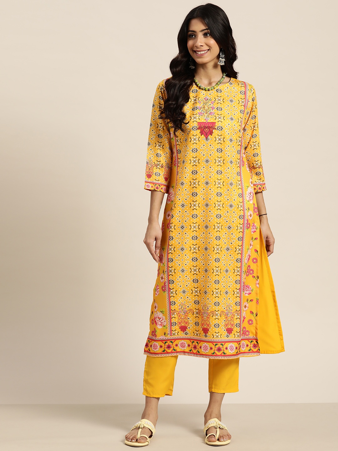 

Sangria Women Mustard Yellow Ethnic Motifs Printed Kurta with Trousers