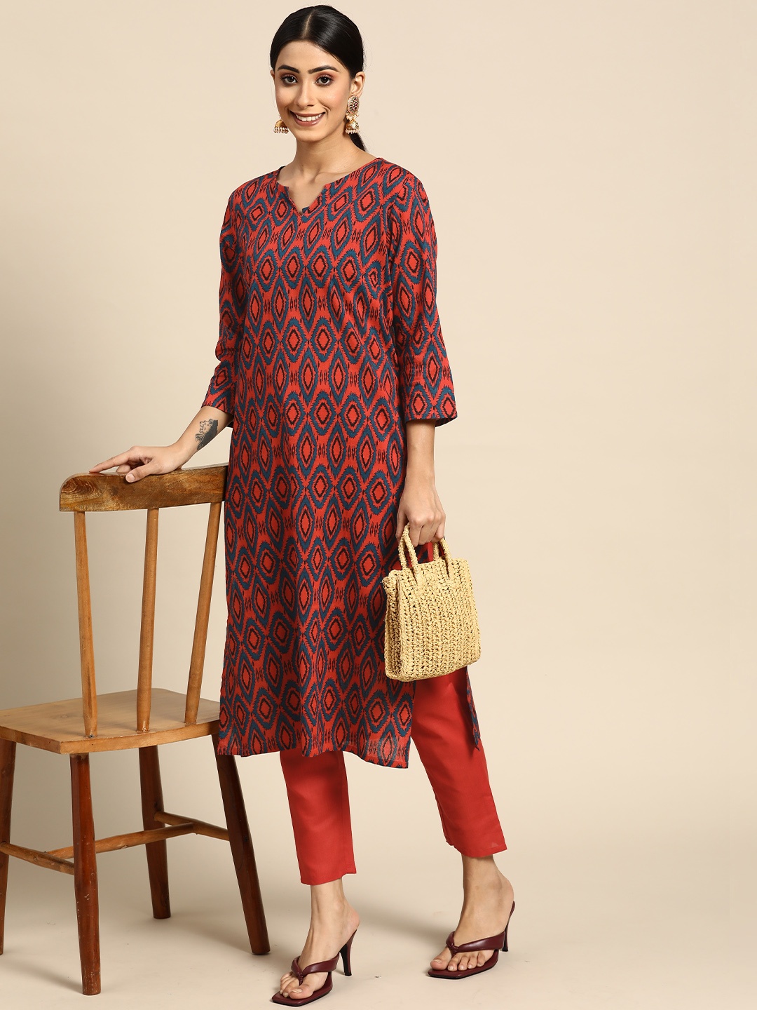 

Sangria Women Rust Orange & Teal Blue Ethnic Printed Pure Cotton Kurta with Trousers