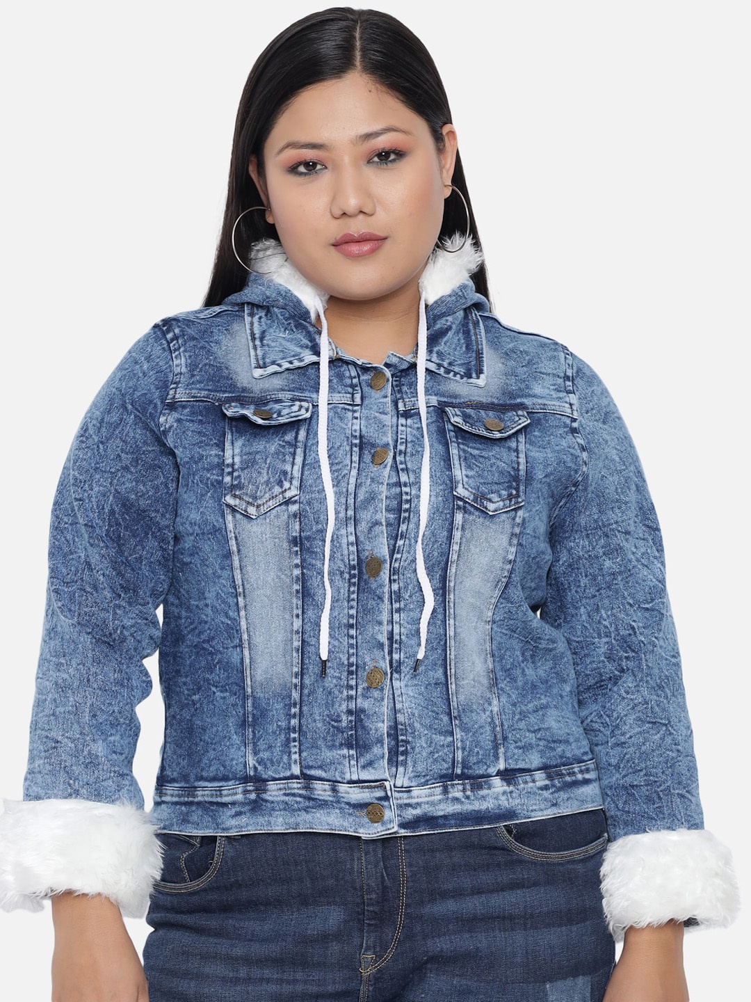 

FurryFlair Women Plus Size Blue Washed Crop Outdoor Hooded Denim Jacket