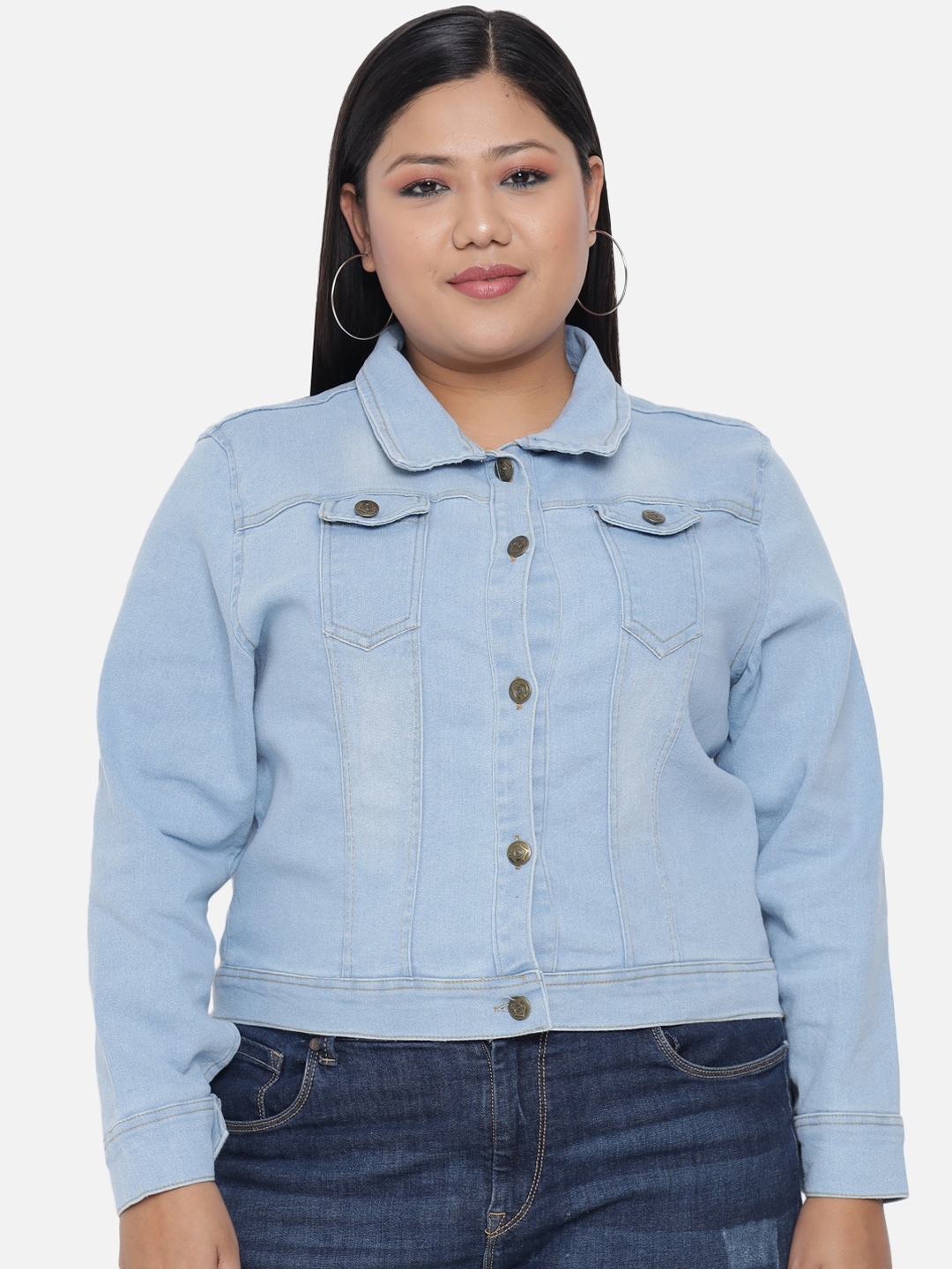 

FurryFlair Women Blue Washed Crop Outdoor Denim Jacket with Embroidered