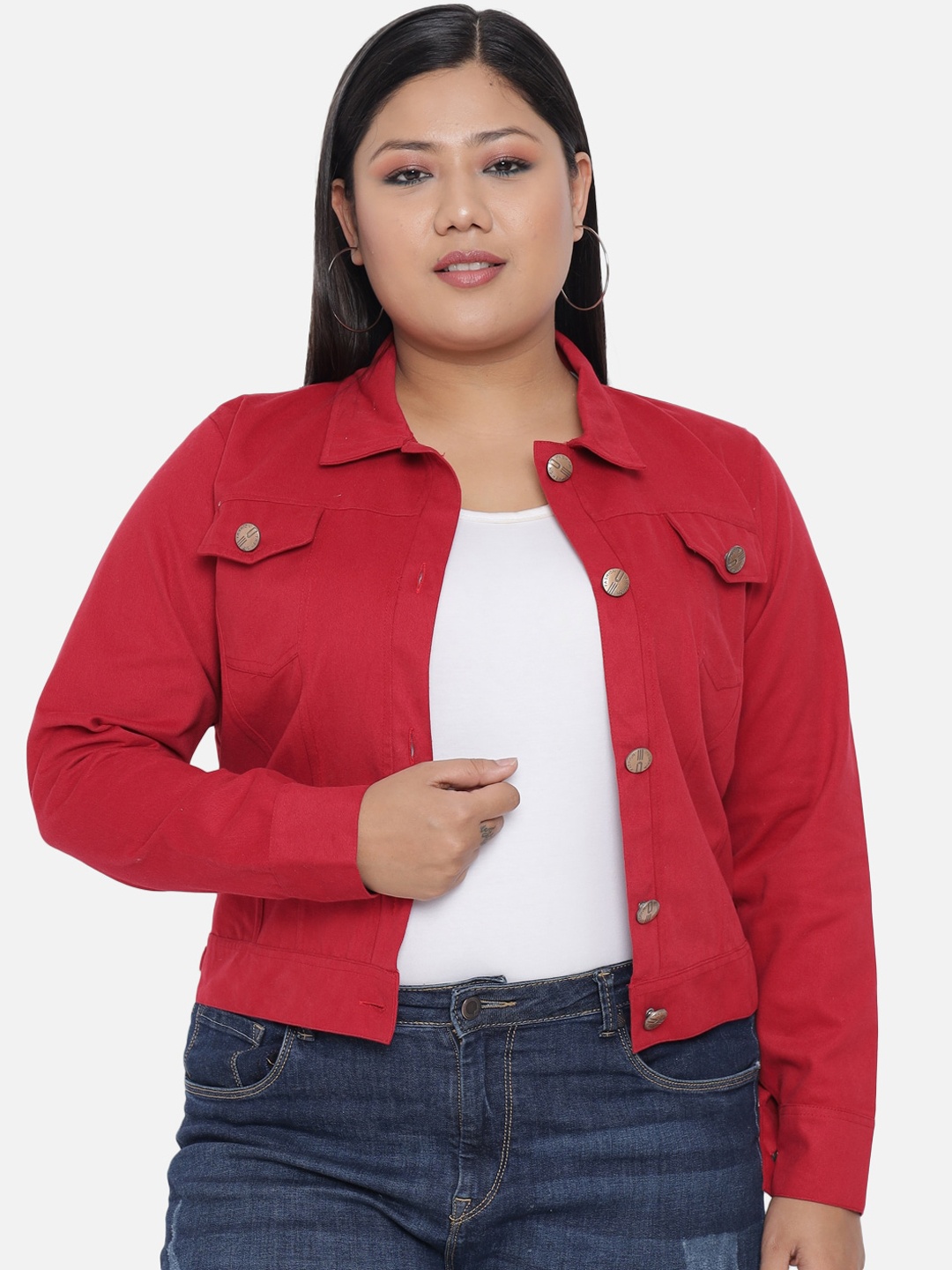 

FurryFlair Women Red Crop Outdoor Denim Jacket