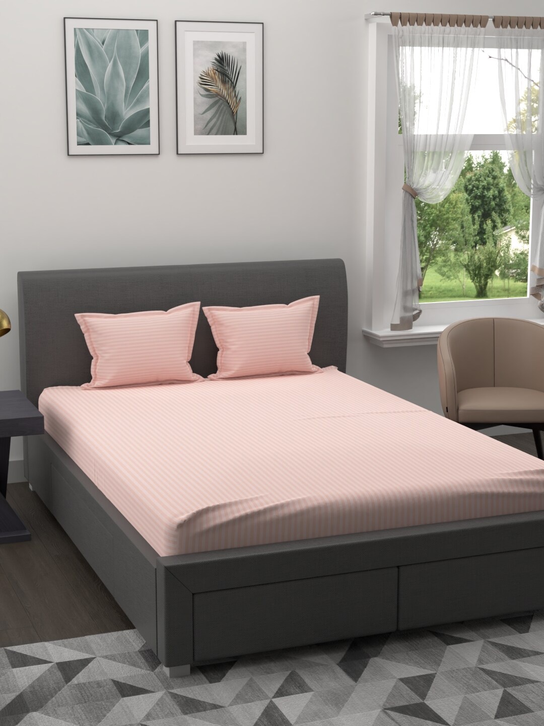 

JAIPUR FABRIC Peach Coloured Striped 300 TC Pure Cotton Queen Bedsheet with 2 Pillow Cover