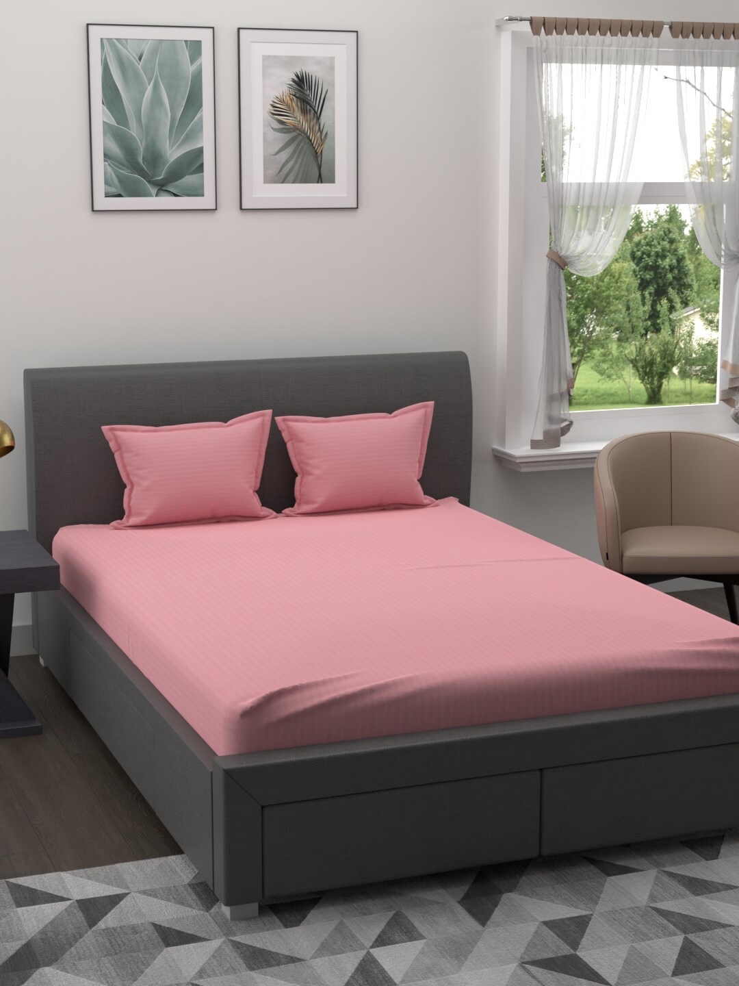 

JAIPUR FABRIC Pink Striped 300 TC Queen Bedsheet with 2 Pillow Covers