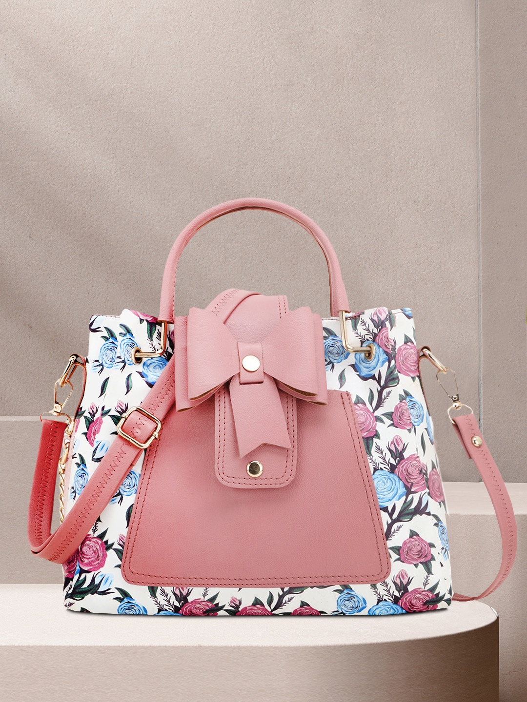 

SHINING STAR Women Blue Floral Printed PU Structured Satchel