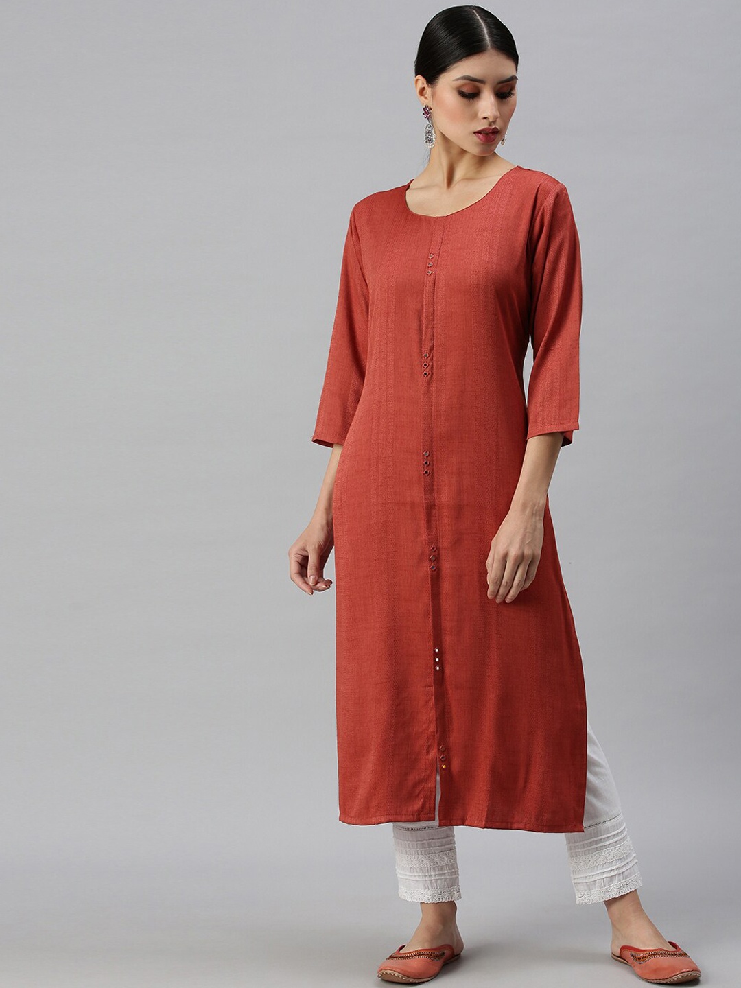 

SHOWOFF Women Rust Woven Design Straight Kurta