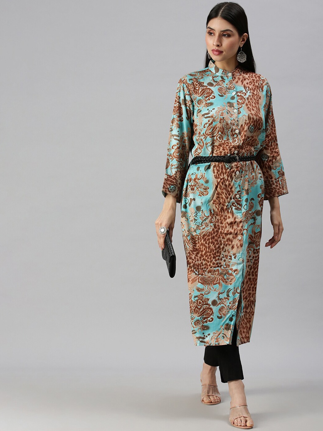 

SHOWOFF Women Blue & Brown Floral Printed Kurta