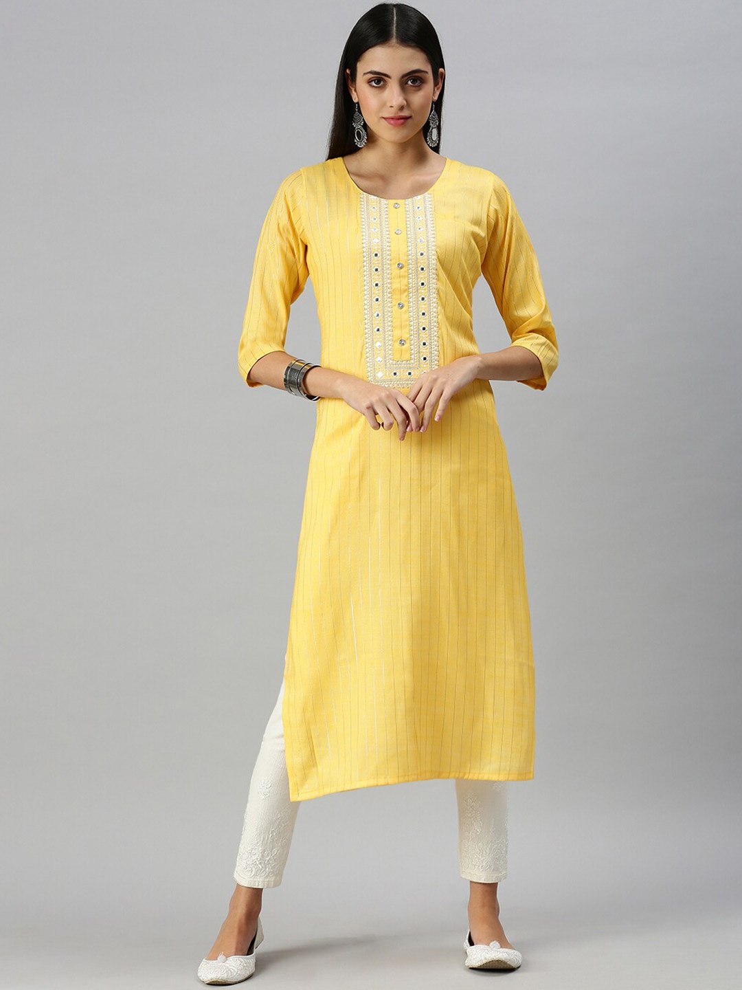 

SHOWOFF Women Yellow Striped Mirror Work Kurta