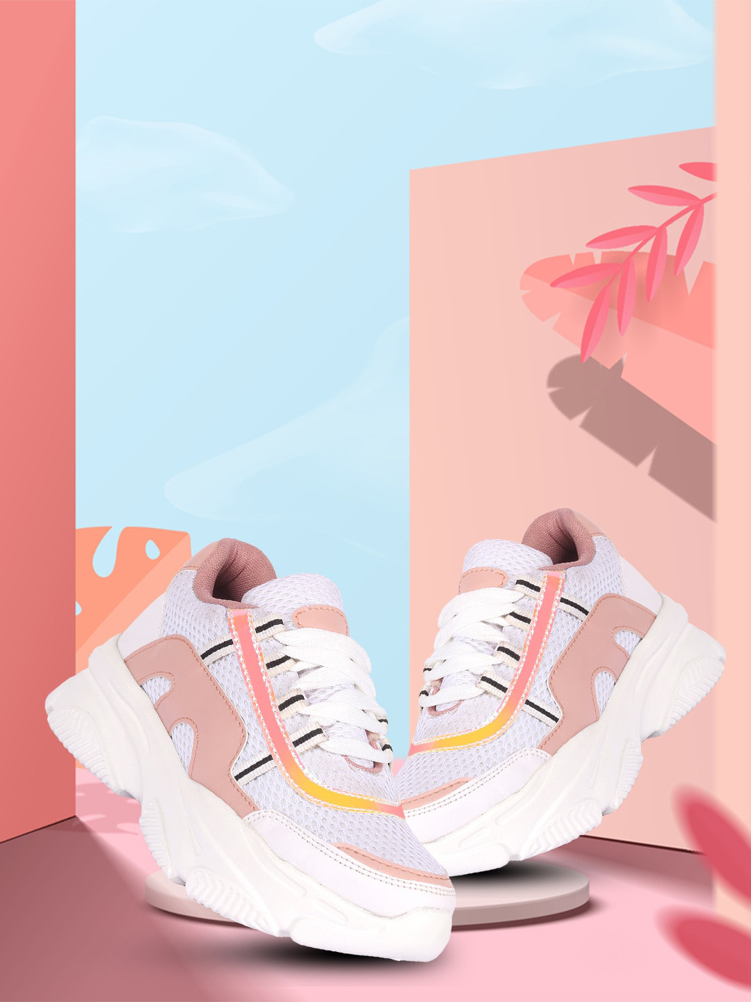 

ZAPATOZ Women Peach-Coloured Woven Design Lightweight PU Sneakers