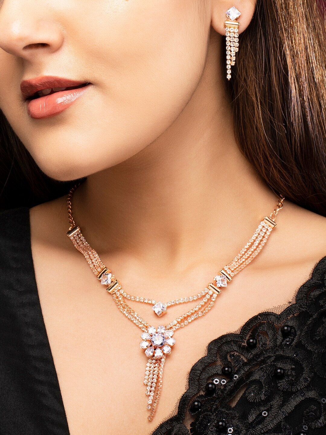 

Rubans Rose Gold-Plated Zirconia Stone Studded Layered Jewellery Set