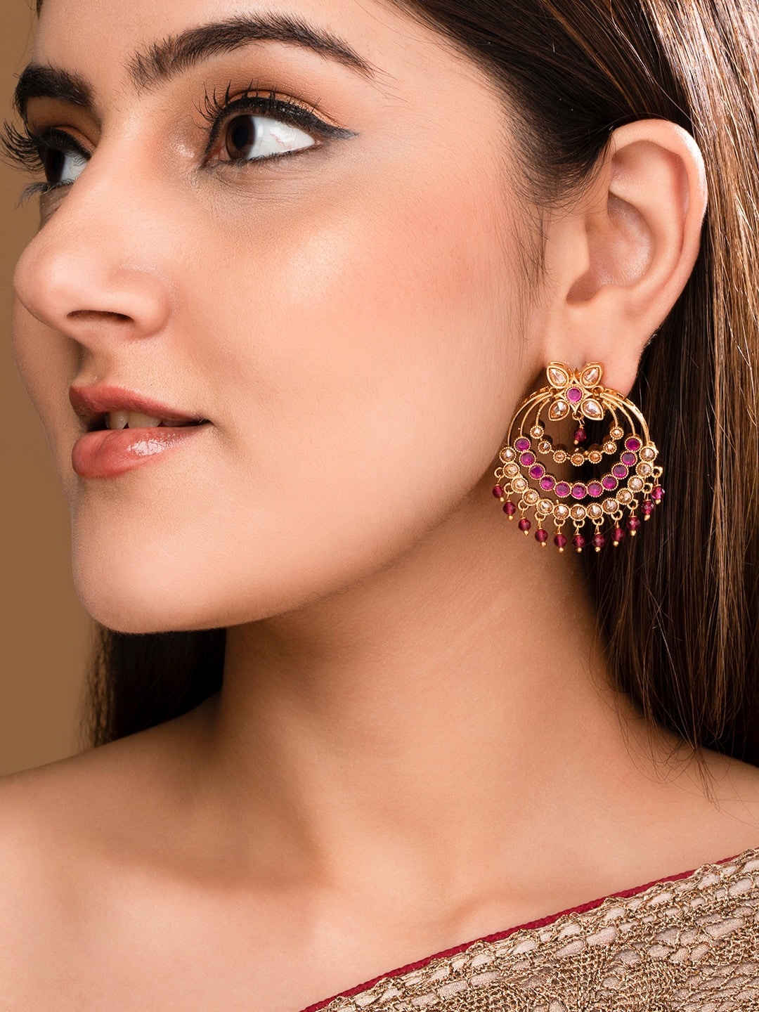 

Rubans Gold-Plated Crescent Shaped AD Studded Chandbalis Earrings